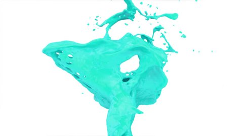 close-up view of turquoise paint splash in slow motion, isolated on white (FULL HD)