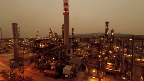 industrial background of oil and gas refinery factory. global warming simbol