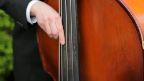 Close up of a man playing a double bass outside.