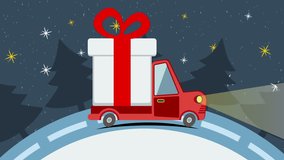 Christmas and New Year animated greeting card with gift delivery van goes on winter road in snow Xmas eve. Available in 4k FullHD and HD video animation footage.