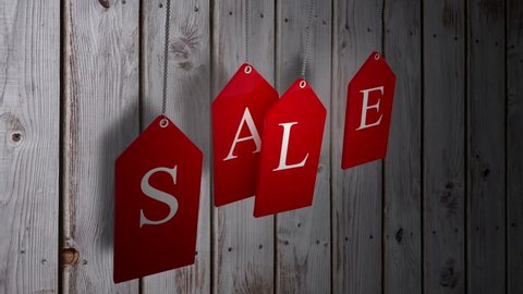 Digital animation of Red sale tags hanging against wood