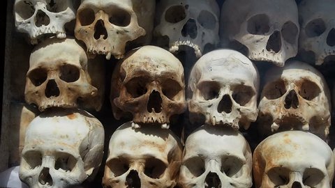 Skulls of victims of the Khmer Rouge at the Killing Fields of Choeung Ek in Phnom Penh, Cambodia.