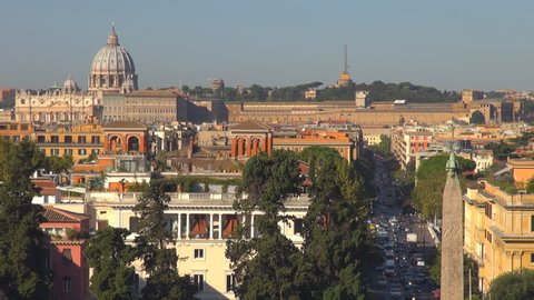Timelapse of Rome cityscape with Vatican church and traffic street by day