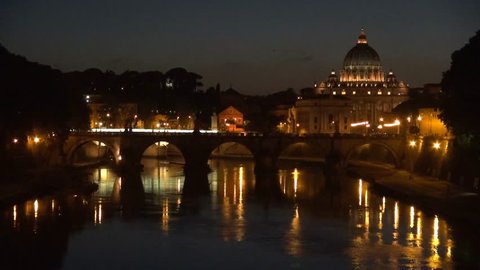 Timelapse of Vatican San Pietro church and traffic car on bridge in twilight, Rome landmark