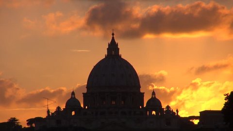 Timelapse of Vatican dome church, cathedral silhouette, Rome landmark at sunrise 