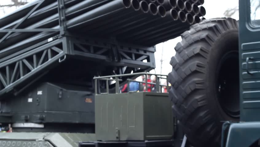 Militarry rockets launcher pad machine, mounted on a truck.