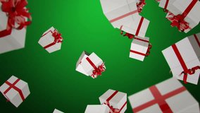 Falling Gift boxes on green background. Loop animation. 4K.
