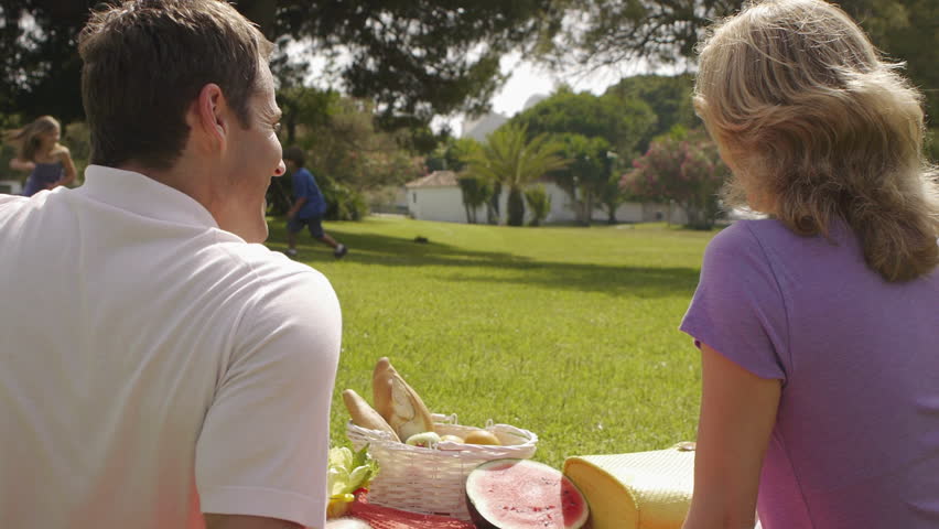 Family Having A Picnic In Park.