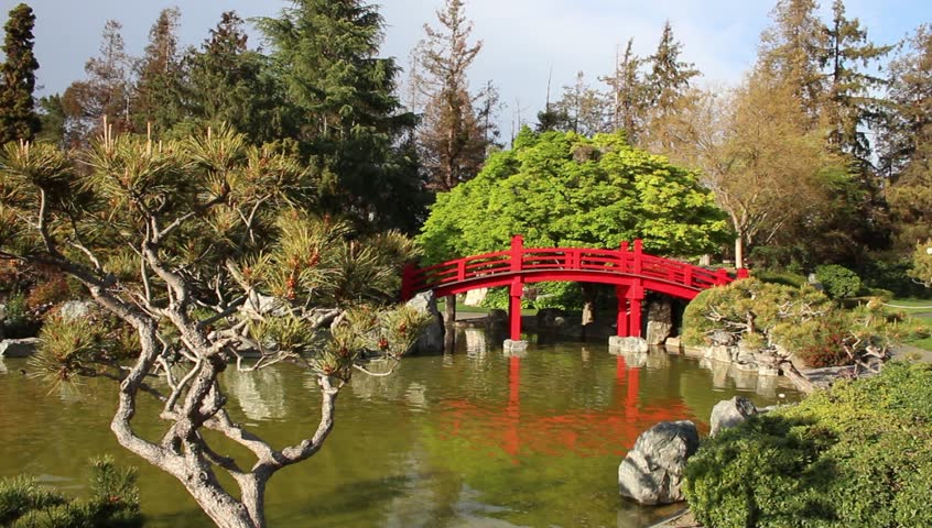 Japanese Garden with Pond and Red Bridge