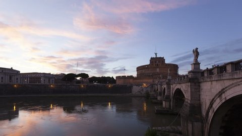 4K Time lapse Castel Sant Angelo and the Sant Angelo bridge in Rome from twilight illuminated by night. Also known as the Mausoleum of Hadrian.