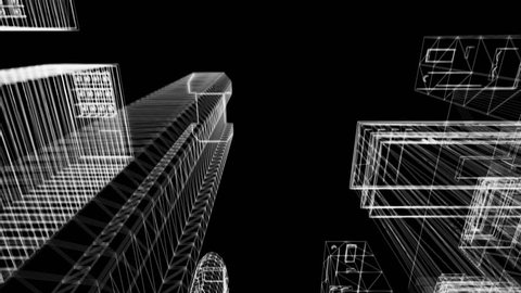 Seamless looping animation of a 3d city skyline, wireframe look