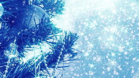 blue christmas background with balls on tree and snowflakes
