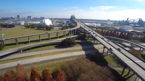 Highway interchange in Louisiana at Port Allen aerial 4k video