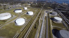 Oil refinery plant birds eye view 4k video