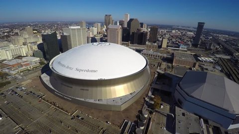 LOUISIANA - DECEMBER 8: Aerial 4k video of the Mercedes Benz Superdome at Downtown New Orleans is home to the New Orleans Saints December 8, 2014 in Louisiana USA