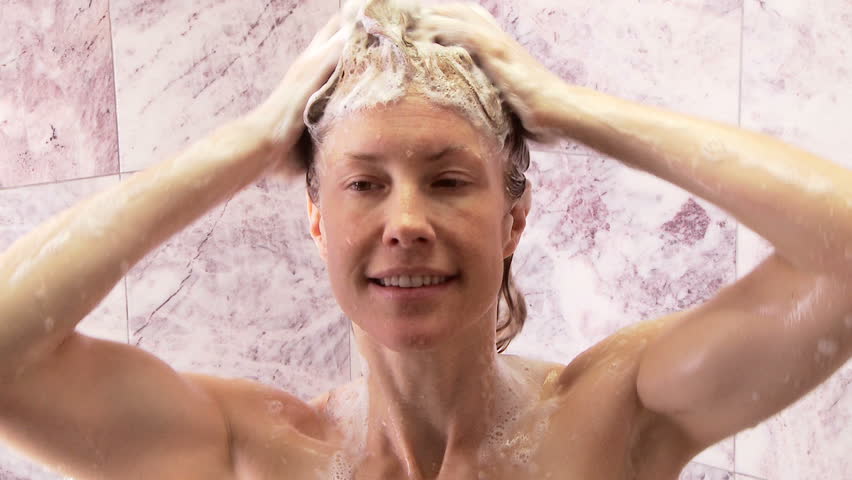 Woman Washing Hair In Shower Stock Footage