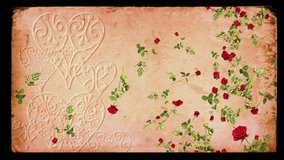 Romance background loop. Falling roses and vintage postcard. For Valentines Day, weddings, and other romantic themes. Old-fashioned grunge style. In 4K Ultra HD, HD 1080p and smaller sizes.