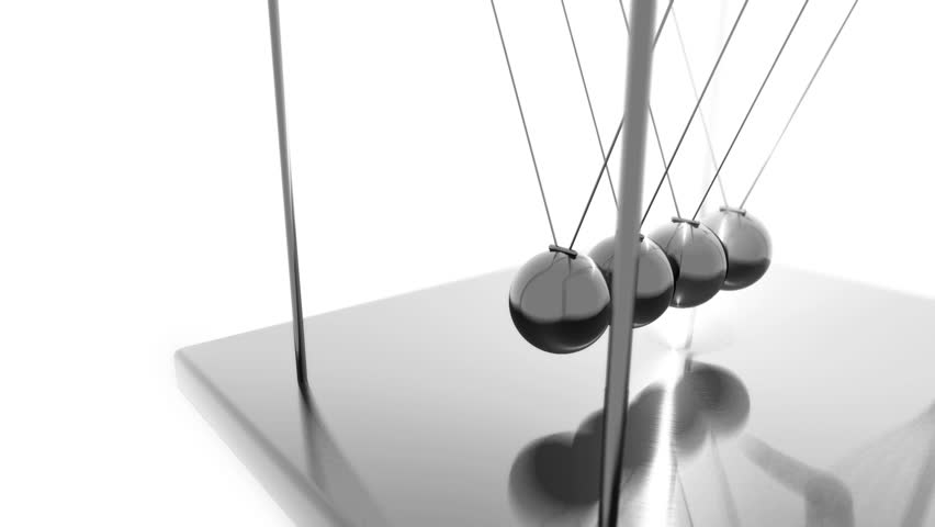 animated loop showing the pendular motion of five hanging metallic balls, known
