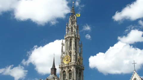 Time-lapse clouds over Cathedral in Antwerp, Belgium. 