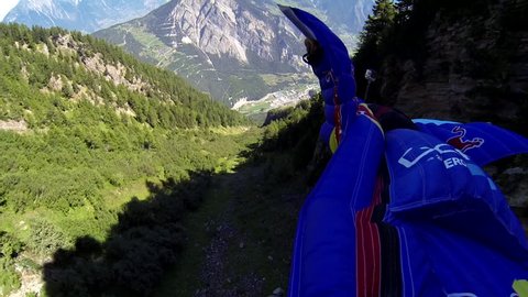 A skydiver in a wingsuit gliding down in the air over a green landscape, POV