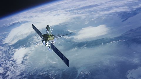 Communications satellite orbiting planet earth, slowly moving up.