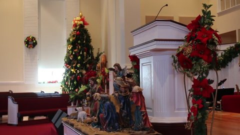 Nativity Scene and Pulpit Displayed Inside Church