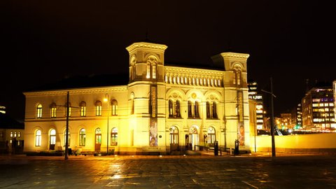 OSLO CITY NORWAY - CA DECEMBER 2014: Night time lapse of the Nobel Piece Center in the City of Oslo Norway