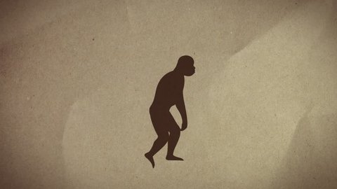 Evolution. Graphic animation of the evolution from monkey to man against textured paper. This includes an alpha or matte clip of the animation.