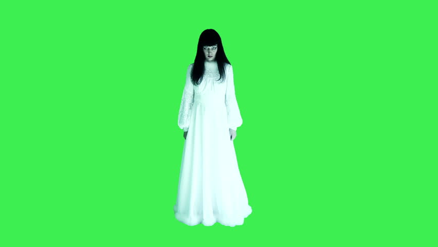 Woman in long white dress isolated on green screen. Can be used for horror movie Royalty-Free Stock Footage #8279122