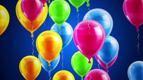 Beautiful background with Colorful balloons fly up and rotate. Blue background. Loop animation. 4K. Other versions in my profile.