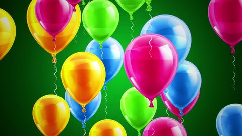 Beautiful background with Colorful balloons fly up and rotate. Green background. Loop animation. 4K. Other versions in my profile.