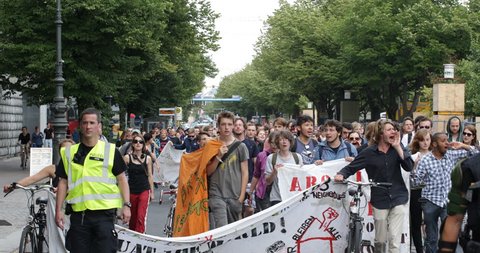 BERLIN, GERMANY - JUNE 30, 2014 Berlin Street Students Group Protester Against Racist Social Anti Racism Protest ( Ultra High Definition, Ultra HD, UHD, 4K, 2160P, 4096x2160 )