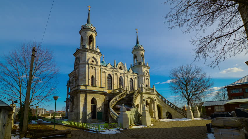 BYKOVO, RUSSIA - 05 APRIL 2014: The old church in the village of Bykovo, Moscow region, Russia.
Church of Vladimir Mother of God in Bykovo
Architect V. Bazhenov. Constructed in 1789. Time lapse.