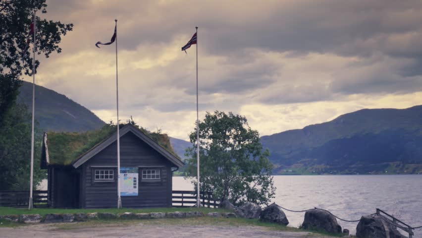 Touristic cottage in nordic Fjord. 4k