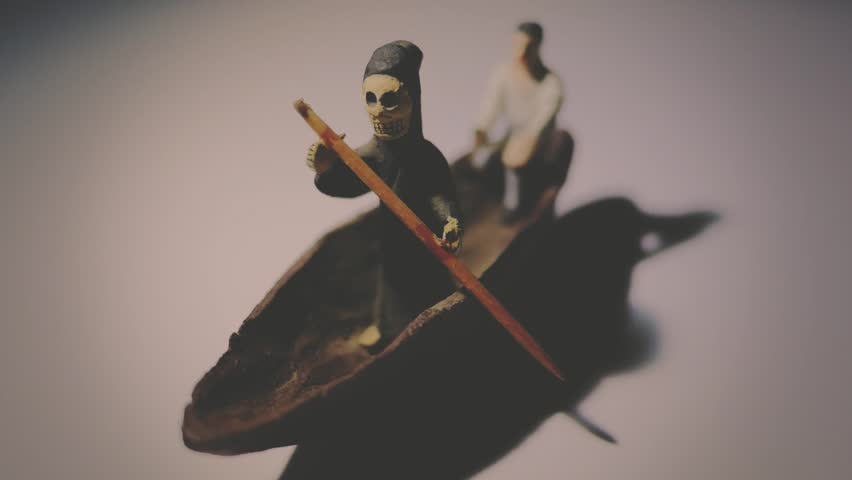 Isolated grim reaper taking passenger to the other side