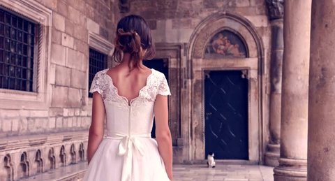 Gorgeous Fairy Tale Vintage Bride Dress Woman Walking Princess Sun Flare Medieval Castle Nobility Uhd 4K