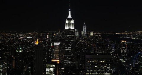 NEW YORK CITY, USA - APRIL 23, 2013 Establishing Shot Nighttime Illuminated New York City Skyline Aerial View NYC Famous High Angle ( Ultra High Definition, UltraHD, Ultra HD, UHD, 4K, 2160P, 4096x2160 )