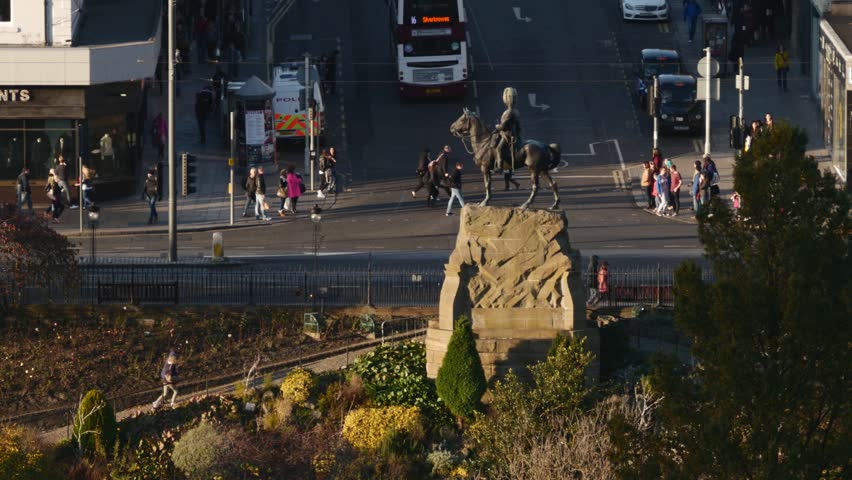 4K Aerial View of Princes Street in Edinburgh, Scotland, United Kingdom