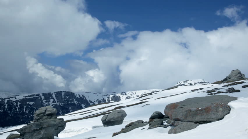 Blue sky time lapse on top of snowy mountain