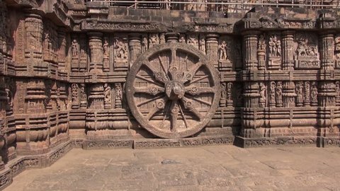 beautiful carvings on stone wheel in ancient Surya Hindu Temple Konark, Odisha, India