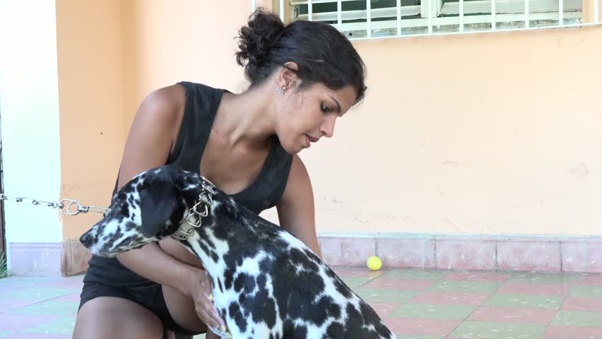Cuban teenager girl bathing her Dalmatian dog in a house porch, young teen taking care of her beautiful purebreed pet.