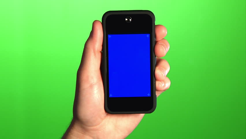 Holding a mobile smartphone.  Green screen for your custom background, and a