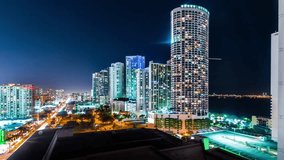 Timelapse of Downtown Miami from above at night.