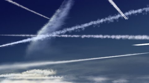 Plane trails. Airplane trails crossing each other in an intense blue sky.  HD 1280x720, 25fps. Software used Mirage (TVPaint)
