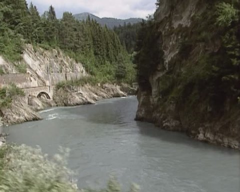Vehicle shot from Glacier Express, passing the impressive Ruinaulta formed by the Flims Rockslide in the Rhine Valley. It is easily accessible by the Ruinaulta line of Rhaetian Railways.