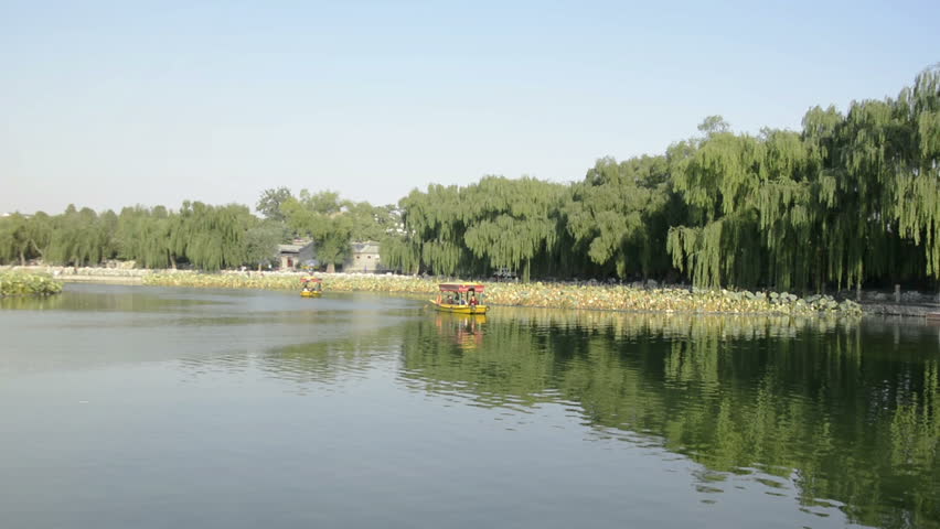 Landscape of Beihai Park. People are visiting. Located in Beijing, China.
