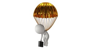Poor white businessman with suitcase hanging under gold parachute Available in FullHD and HD video 3D render animation footage with alpha luma matte. Money, rich, business, retirement concept. - Powered by Shutterstock - Get 15% off with code: PIKWIZARD15