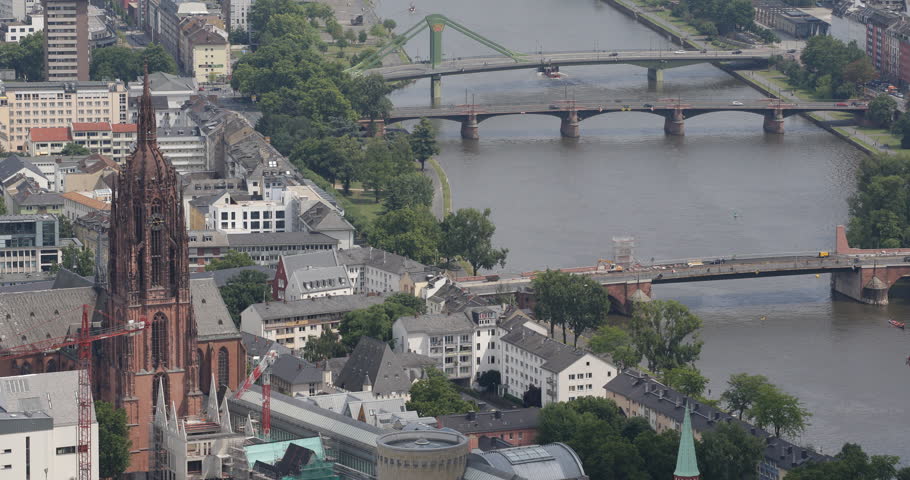 Establishing Shot Frankfurt Cathedral Skyline Main River Bridge People Commuter Commuting Cars Day ( Ultra High Definition, UltraHD, Ultra HD, UHD, 4K, 2160P, 4096x2160 )