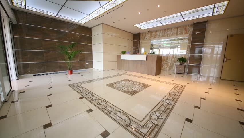 Reception with stained glass ceiling in apartment complex