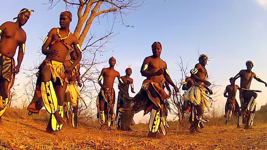 Traditionally dressed African tribesmen of the Herero Tribe dance and sing songs of welcome in Victoria Falls, Zimbabwe, Africa. Drumming, jumping, clapping & singing abound amongst this happy group. Royalty-Free Stock Footage #8379178